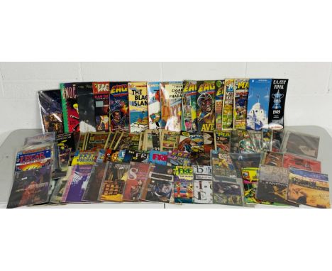 A collection of vintage comics including Eagle, 2000AD, Batman, Captain Marvel, The Fabulous Freak Brothers, The Sandman, Hel
