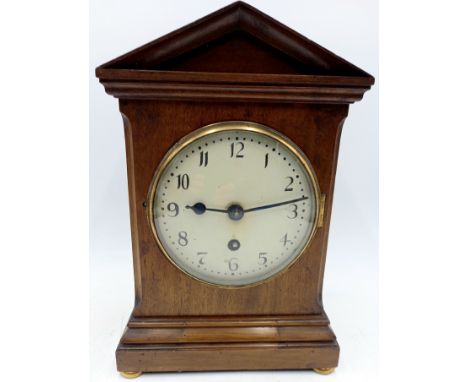 A Williamson fusee movement mahogany cased mantle clock, painted dial on brass bun feet, 33cm high.