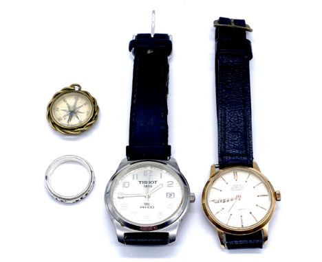 A gentleman's Tissot PR100 stainless steel wristwatch along with a Liga gold plated wristwatch, 925 silver ring and a compass