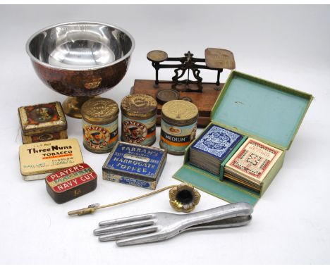 A mixed lot, including a copper and metal Courvoisier punch bowl, glove stretchers, boxed playing cards, postal scales, vinta
