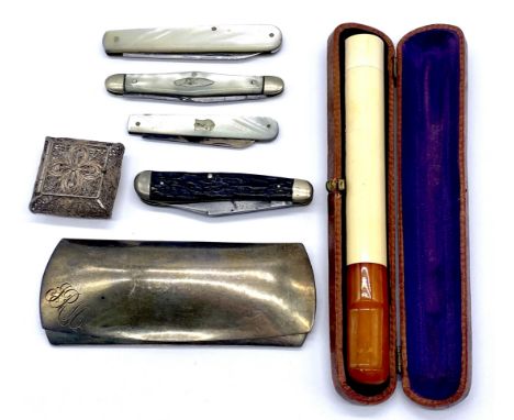 A collection of items including hallmarked silver spectacles case, various penknives (IXL George Wostenholm and Harrison Brot