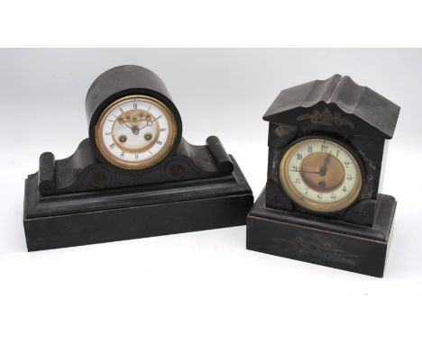 An antique slate mantle clock, marked 'R&C, Paris & London', along with another slate mantle clock