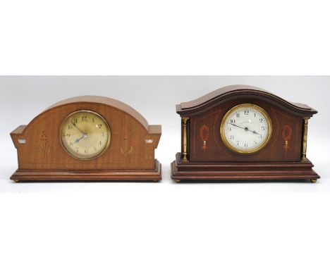 Two vintage inlaid mantle clocks, both with mother of pearl inlay, named to 'Walker & Hall Ltd' and 'Muir & Sons'
