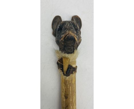 A vintage French Bulldog walking stick with opening mouth  - overall length 93cm, missing eyes