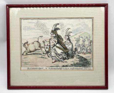 James Gillray (British, 1756-1815) "The Gordon-Knot or The Bonny Duchess Hunting The Bedfordshire Bull" etching with hand-col