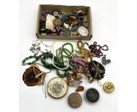 A collection of assorted costume and fashion jewellery to include mother of pearl brooch, Baby brooch, a vintage Rone lady's 