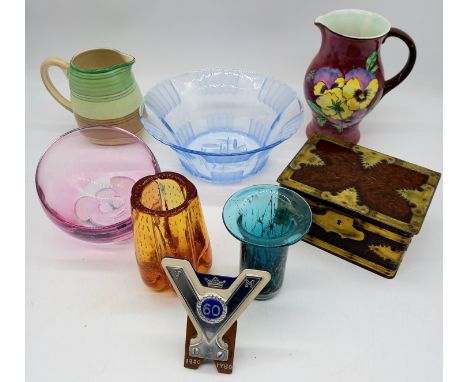 A collection of assorted items to include a Royal Doulton Pansy jug, a Mdina glass vase, a Caithness bowl and an amber Whitef
