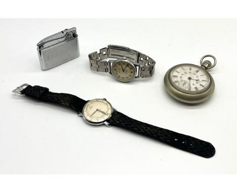 A Movado non-magnetic "Solidograf" vintage wristwatch along with an Onsa watch, an Elgin silver plated pocket watch with 24 h