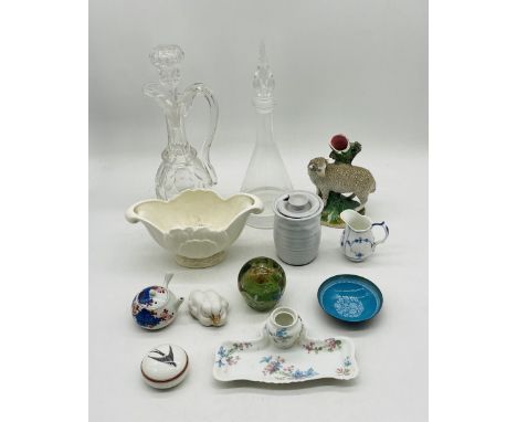 A collection of ceramic and glassware items including Royal Copenhagen, Haviland, Oriental teapot & creamer, two glass decant