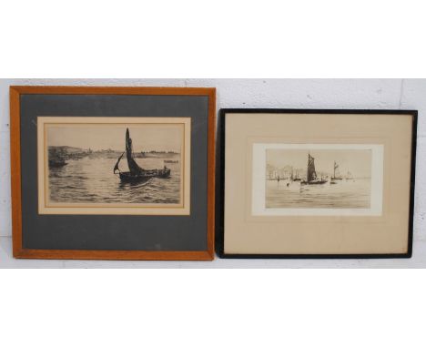 A framed engraving of a boat signed by Colin Hunter, along with a framed etching entitled 'Off Looe' signed by Pete Grahame -