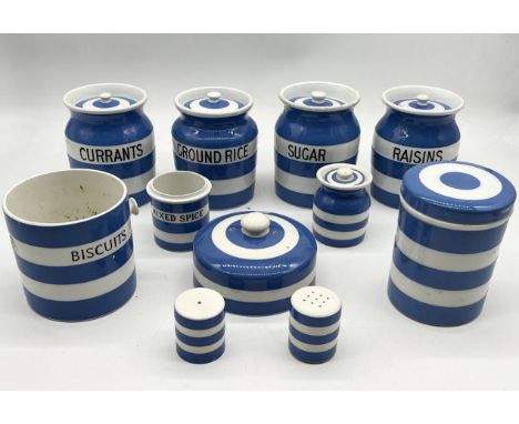 A collection of blue and white Cornish ware by TG Green and Green & Co to including sugar jar, currents, raisins, ground rice