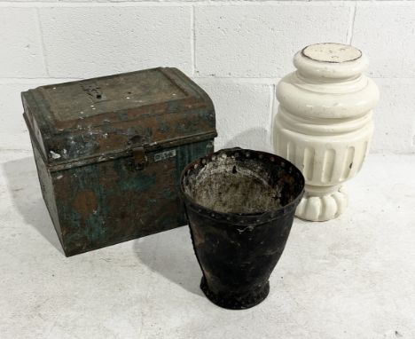 A weathered vintage tin trunk along with an antique leather bucket (A/F) and a painted wooden pedestal stand 