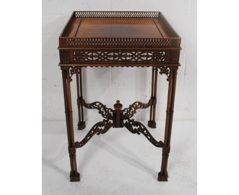 A Chippendale style silver table, with kettle slide and ornate fretwork decoration - length 48.5cm, depth 48.5cm, height 73cm