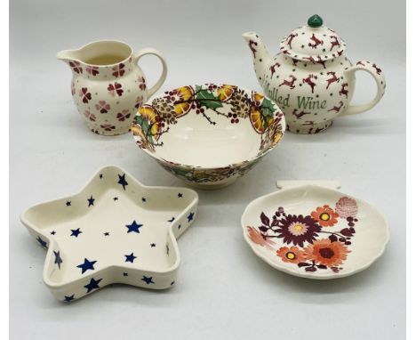 A collection of Emma Bridgewater including a "Pink Hearts" jug, "Bright Dahlias" shell shaped bowl, "Holly Wreath" fruit bowl
