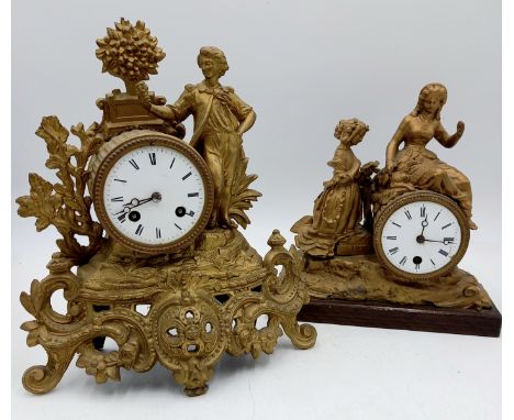 A French gilt mantle clock and another similar on oak base.