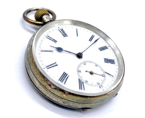 A continental silver (935) pocket watch with white enamel dial and subsidiary second dial