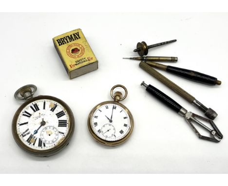 A gold plated pocket watch, goliath pocket watch (both A/F) along with various watchmaker's tools etc.