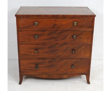 A Georgian mahogany chest of four drawers, with brass handles, raised on French bracket feet - length 93cm, depth 52cm, heigh