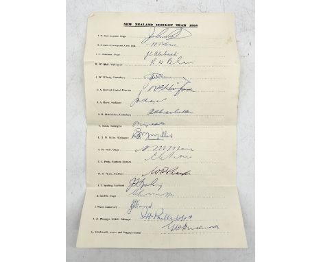 An autographed 1958 New Zealand Cricket team, the signed sheet includes J Reid, H Cave, J Alabaster, R Blair, J D'Arcy, N Har