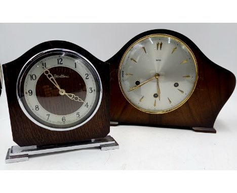 A vintage Smiths mantle clock and an oak cased chrome base mantle clock.