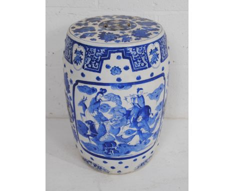 An Oriental blue and white ceramic footstool - height 48.5cm