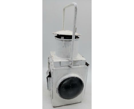 A vintage railway lamp complete with reservoir, repainted, 46cm high.