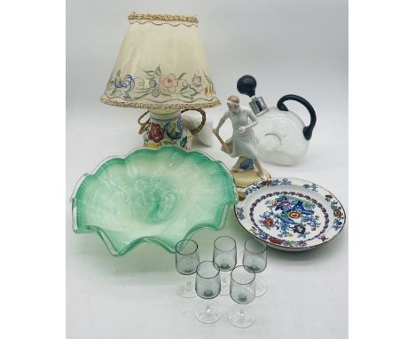 A collection of glassware and ceramics including Sitzendorf figure of a lady playing tennis, Art Deco crackle glass decanter,