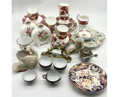 A large collection of various china including part tea set, Crown Derby Imari plate (A/F), Carlton Ware, Japanese tea bowls e