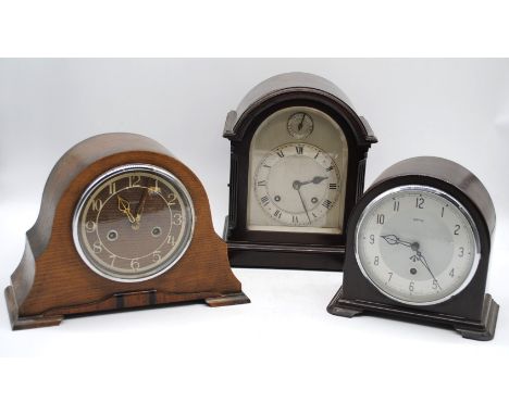 Three vintage mantle clocks, including a Smith's bakelite clock, Smith's Enfield oak clock etc.