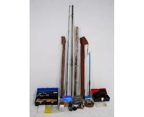 A quantity of various sea fishing rods, reels and tackle, including a Kenley Popular Telespin 9ft telescopic rod, Fuji Seat t