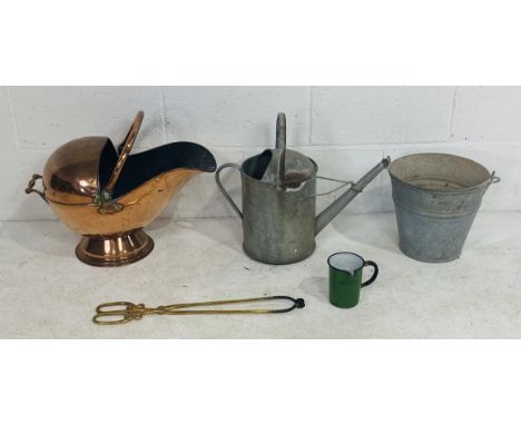 A vintage copper coal scuttle, along with a galvanised water can and bucket, "Allenburys" enamel food measure and brass fire 
