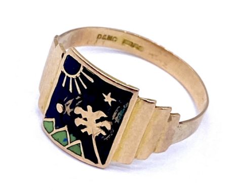 A 9ct gold signet ring with enamel decoration A/F, size N, 1.8g total weight.