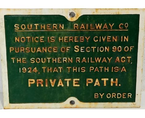 A vintage cast iron Southern Railway Co. sign "Notice is hereby given..." - overall size 64cm x 37cm