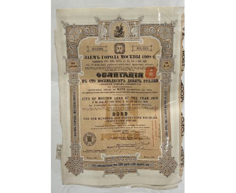 A group of three bond or share certificates including Moscow loan of the year 1908, Clermont-Ferrand and Russian Railways
