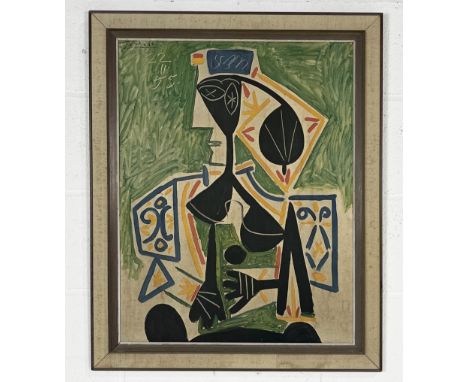 A Picasso print on canvas of a woman seated against a green background, numbered 320/10,000 -66cm x 81cm