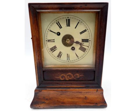 An Edwardian mahogany mantle clock with inlay decoration, 19cm wide 25cm high.