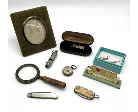 A collection of assorted items including silver cufflinks, silver bladed fruit knife, compass, whistle etc.