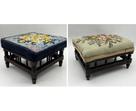Two antique upholstered footstools with tapestry tops