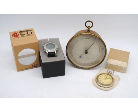 A 'Negretti &amp; Zambra' brass barometer, along with a boxed Optimum Time OS Series watch and a vintage stopwatch with broad