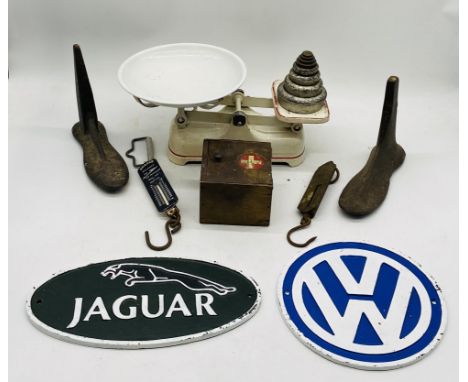 A collection of various items including two reproduction cast iron car signs (Jaguar & VW), two Salter balance scales, Weylux