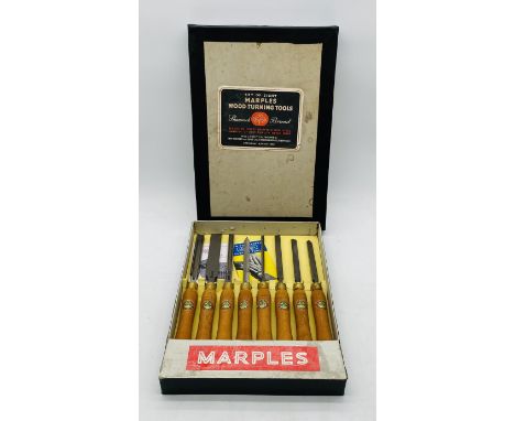 A vintage boxed set of eight Marples Wood Turning Tools (Shamrock Brand) with Sheffield steel blades and beech wood handles