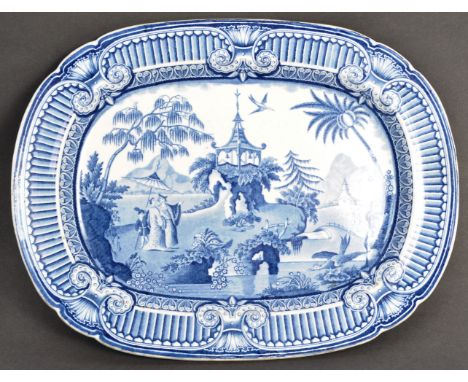 A 19th Century Victorian antique blue and white ceramic serving platter tray plate having transfer printed decoration with sc