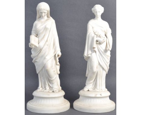 A pair of 19th Century English antique Grand Tour parian ware ceramic figurines of classical females comprising a lady holdin