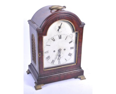 A rare 18th Century Georgian antique table clock / bracket clock / mantel clock having a flame mahogany case with brass mount