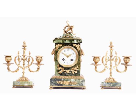 Japy Freres - Rainforth &amp; Son of Paris - A 19th Century French antique green marble and ormolu mantel clock and garniture