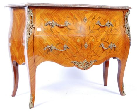 A French antique style Louis XV manner Kingwood / satinwood marble commode / chest of drawers. The bank of drawers of bombe /