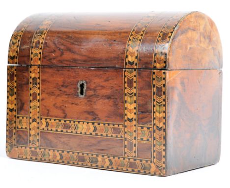 A 19th Century&nbsp;Georgian Regency English antique walnut dome top tea caddy having&nbsp;tunbridge inlay decoration and inl