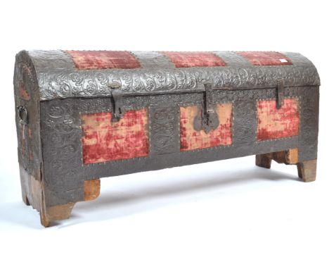 A late 17th / early 18th Century Spanish domed colonial / traveling chest / trunk or blanket box coffer having intricate meta