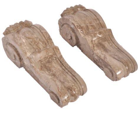 A pair of architectural 19th century Victorian English antique grey and red veined marble caubel embellishments of scroll wor