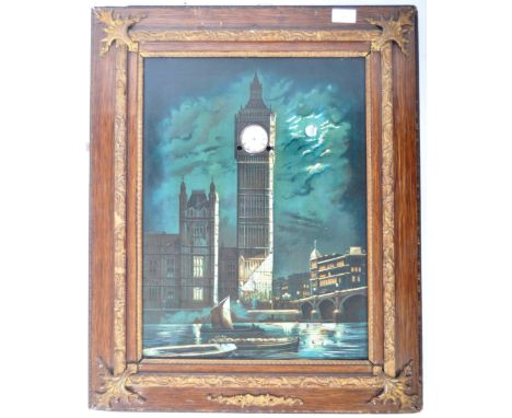 An unusual early 20th Century English antique lacquered print painting wall clock depicting Big Ben and the Houses Of Parliam